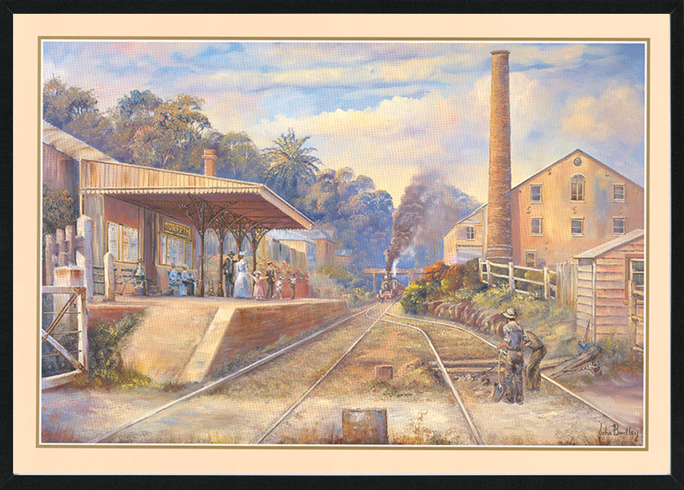 John Bradley JB26 Here it Comes 594x420mm in black frame Train pulling in to station