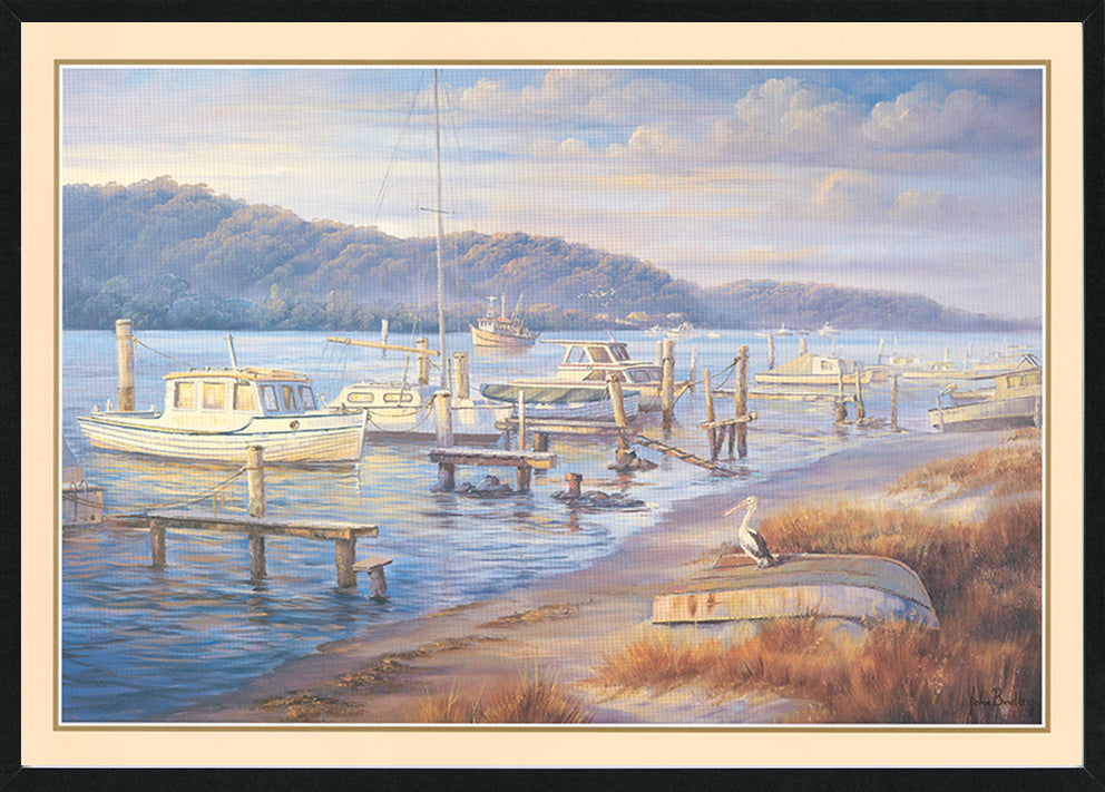 John Bradley JB29 At the Moorings 594x420mm in black frame Boats in the harbour