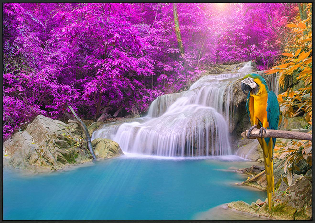 99292988 Parrot macaw against tropical Waterfall in Deep forest - ArtFramed