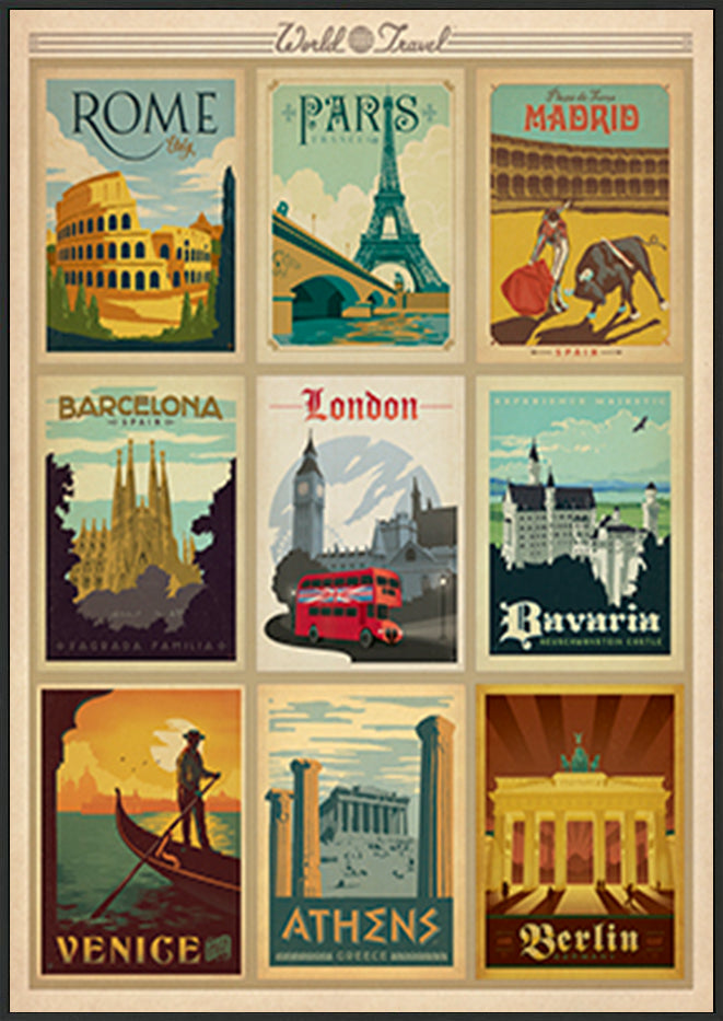 AL JOEAND 116770 VINTAGE ADVERTISING ROME PARIS MADRIS BARCELONA BAVARIA LONDON VENICE ATHENS BERLIN - ArtFramed