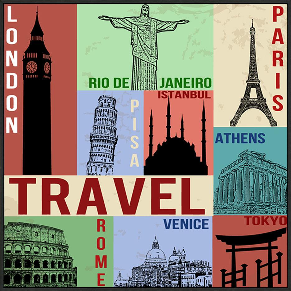 a70349149s Vintage travel poster with symbols and famous building - ArtFramed