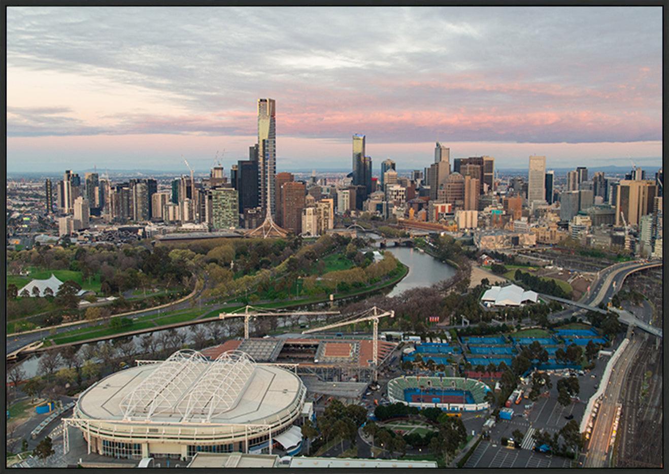 a79614085s Melbourne sporting precinct with the tennis center in the foreground and the Yarra River copy - ArtFramed