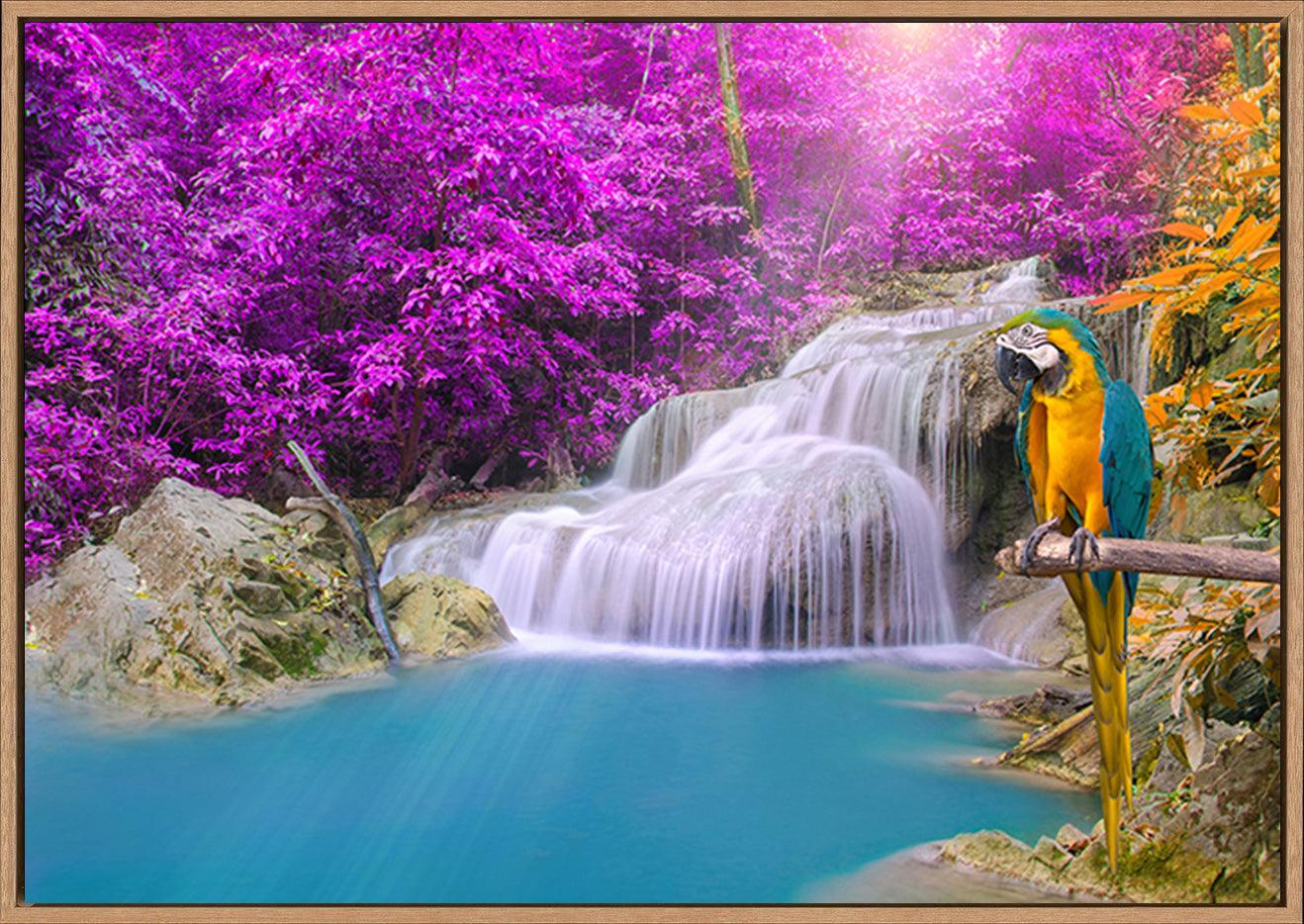 99292988 Parrot macaw against tropical Waterfall in Deep forest - ArtFramed