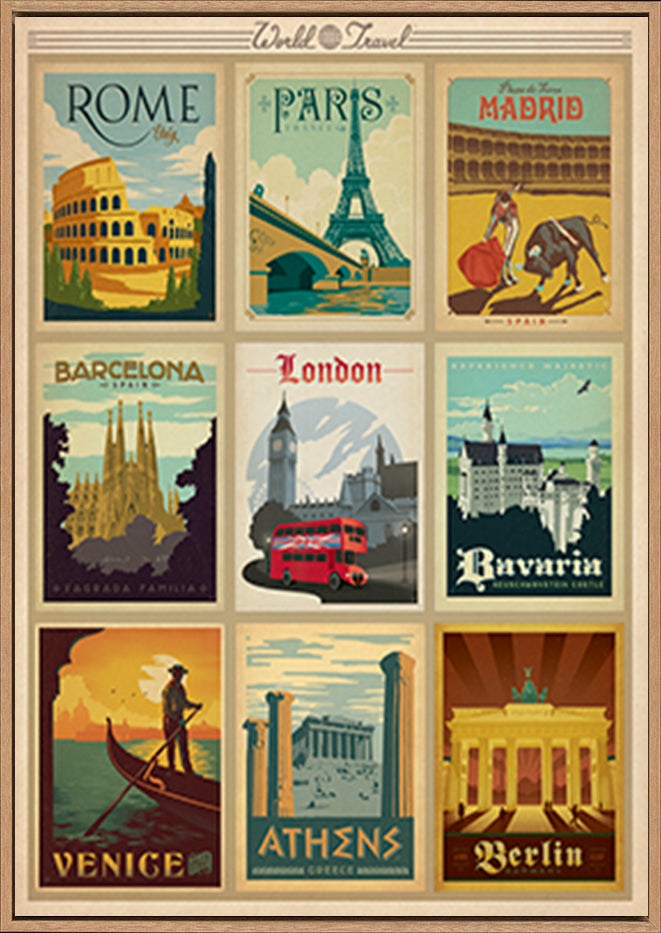 AL JOEAND 116770 VINTAGE ADVERTISING ROME PARIS MADRIS BARCELONA BAVARIA LONDON VENICE ATHENS BERLIN - ArtFramed