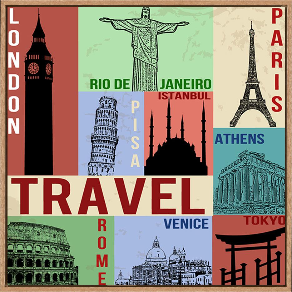 a70349149s Vintage travel poster with symbols and famous building - ArtFramed