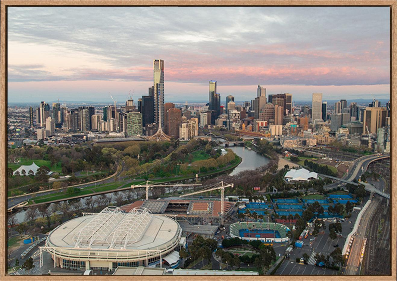 a79614085s Melbourne sporting precinct with the tennis center in the foreground and the Yarra River copy - ArtFramed