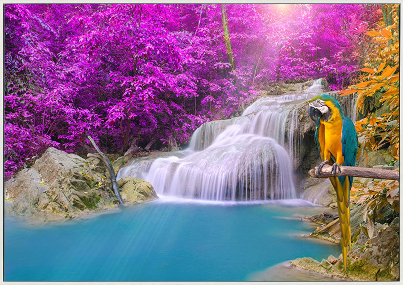 99292988 Parrot macaw against tropical Waterfall in Deep forest - ArtFramed