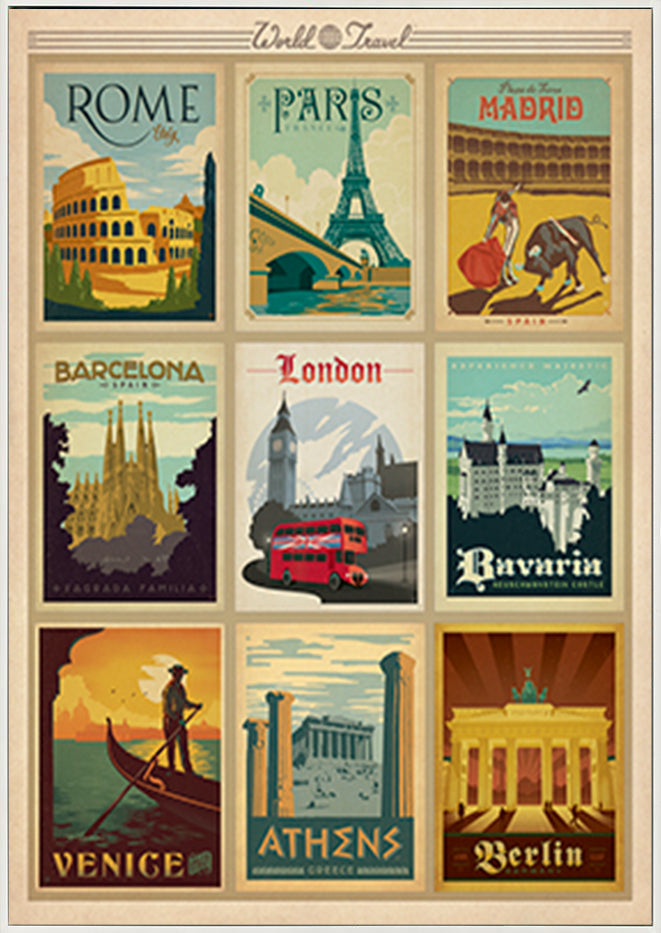AL JOEAND 116770 VINTAGE ADVERTISING ROME PARIS MADRIS BARCELONA BAVARIA LONDON VENICE ATHENS BERLIN - ArtFramed