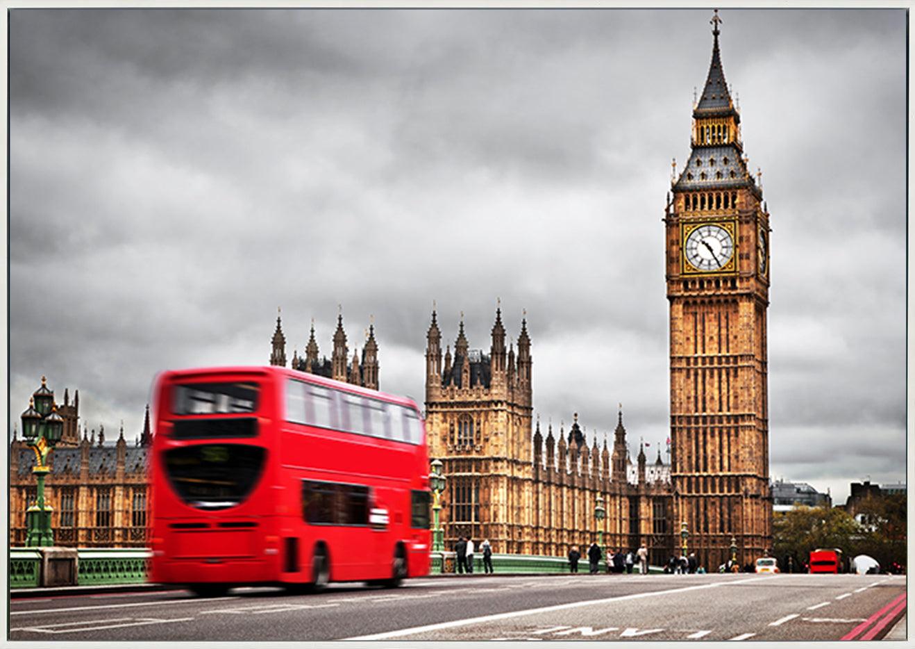 a62125285s London double decker bus on bridge with British houses of parliament in Westminster copy - ArtFramed
