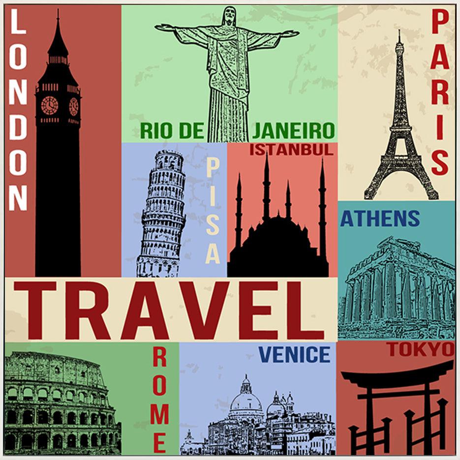 a70349149s Vintage travel poster with symbols and famous building - ArtFramed