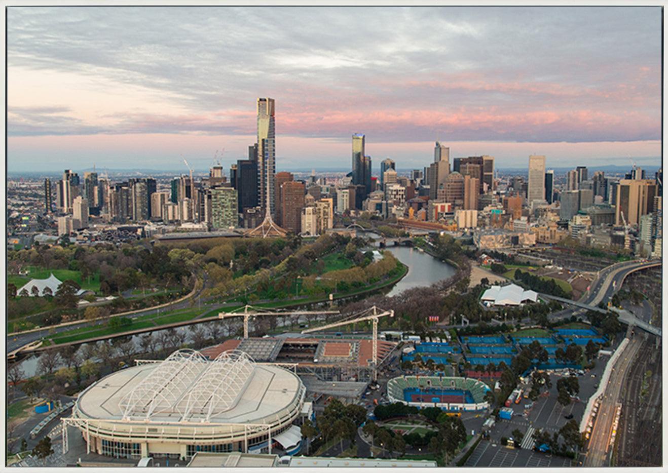 a79614085s Melbourne sporting precinct with the tennis center in the foreground and the Yarra River copy - ArtFramed