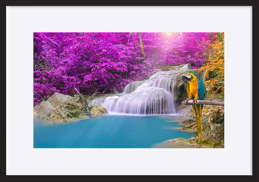 99292988 Parrot macaw against tropical Waterfall in Deep forest - ArtFramed
