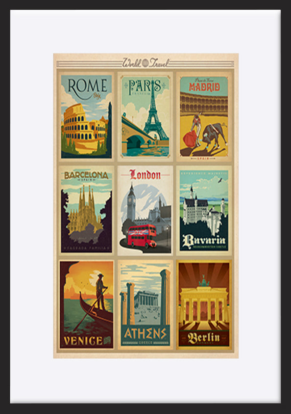 AL JOEAND 116770 VINTAGE ADVERTISING ROME PARIS MADRIS BARCELONA BAVARIA LONDON VENICE ATHENS BERLIN - ArtFramed