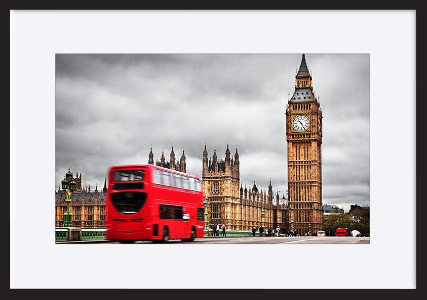 a62125285s London double decker bus on bridge with British houses of parliament in Westminster copy - ArtFramed
