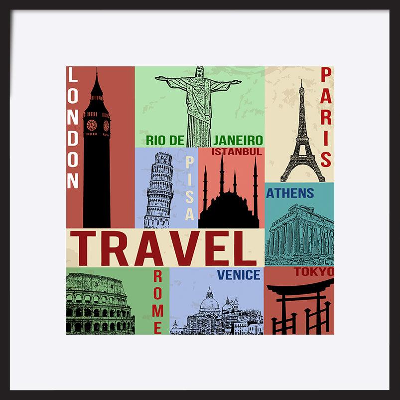 a70349149s Vintage travel poster with symbols and famous building - ArtFramed