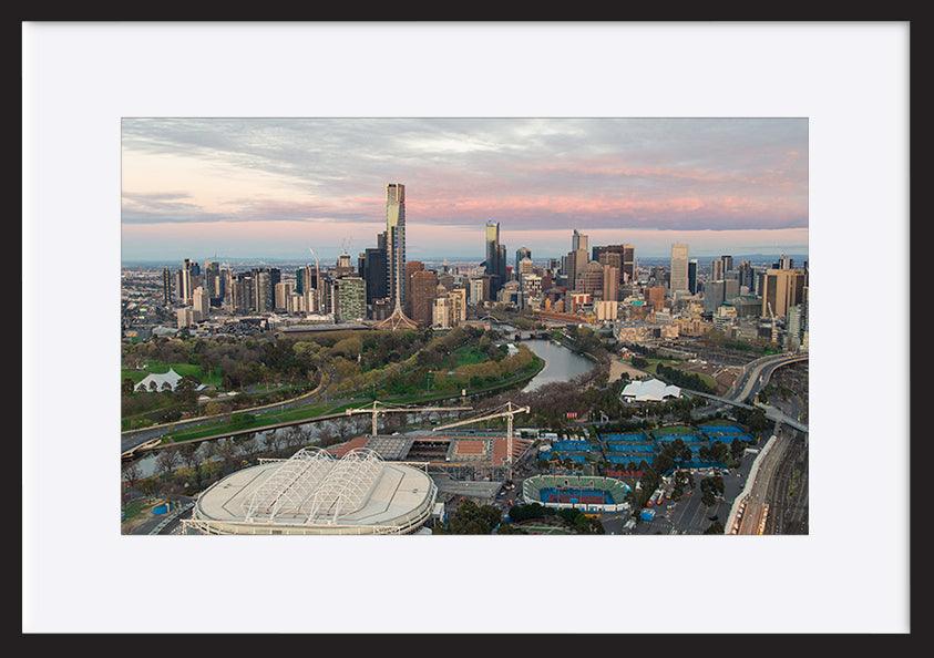a79614085s Melbourne sporting precinct with the tennis center in the foreground and the Yarra River copy - ArtFramed