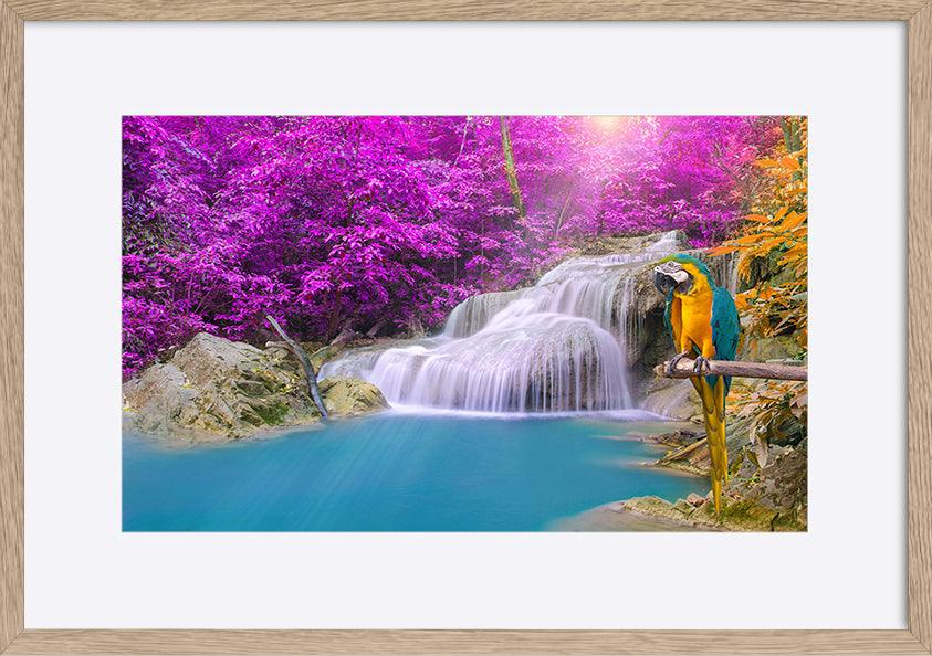 99292988 Parrot macaw against tropical Waterfall in Deep forest - ArtFramed