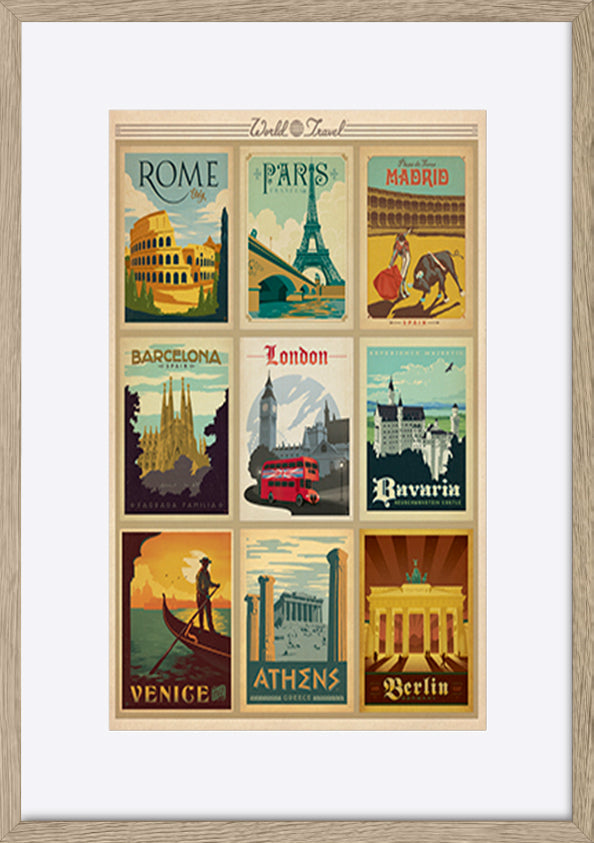 AL JOEAND 116770 VINTAGE ADVERTISING ROME PARIS MADRIS BARCELONA BAVARIA LONDON VENICE ATHENS BERLIN - ArtFramed