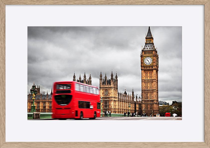 a62125285s London double decker bus on bridge with British houses of parliament in Westminster copy - ArtFramed