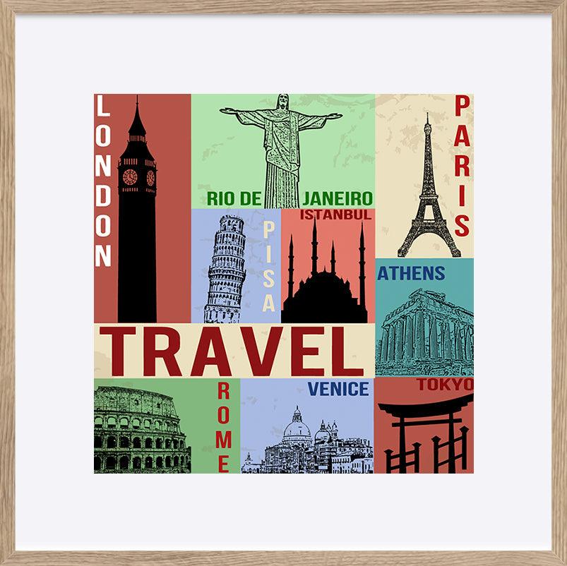 a70349149s Vintage travel poster with symbols and famous building - ArtFramed