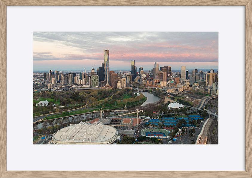 a79614085s Melbourne sporting precinct with the tennis center in the foreground and the Yarra River copy - ArtFramed