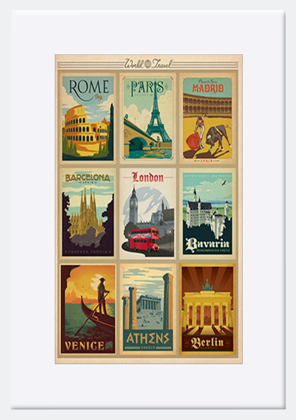 AL JOEAND 116770 VINTAGE ADVERTISING ROME PARIS MADRIS BARCELONA BAVARIA LONDON VENICE ATHENS BERLIN - ArtFramed