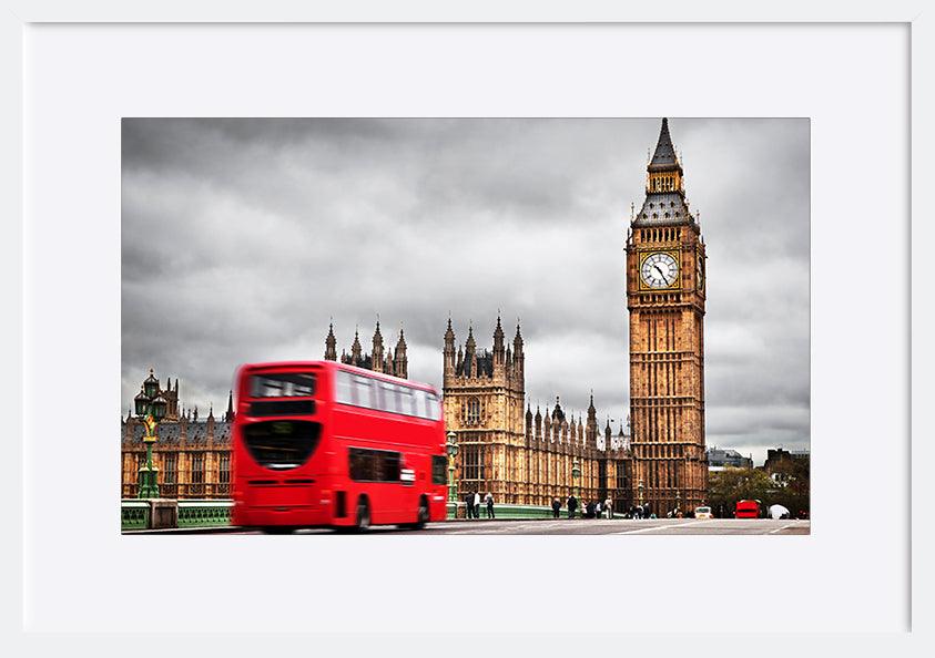 a62125285s London double decker bus on bridge with British houses of parliament in Westminster copy - ArtFramed