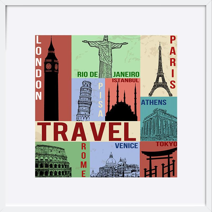 a70349149s Vintage travel poster with symbols and famous building - ArtFramed