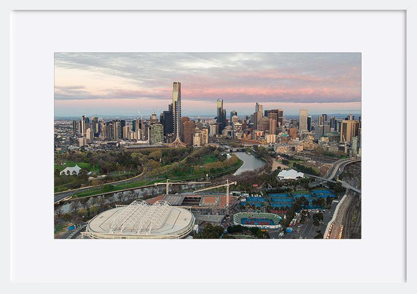 a79614085s Melbourne sporting precinct with the tennis center in the foreground and the Yarra River copy - ArtFramed