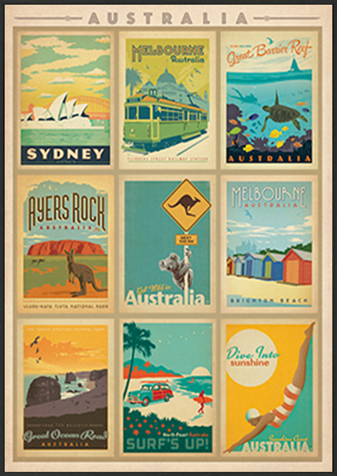 AL JOEAND 116754 VINTAGE ADVERTISING AUSTRALIA MONTAGE SYDNEY MELBOURNE GREAT BARRIER REEF - ArtFramed