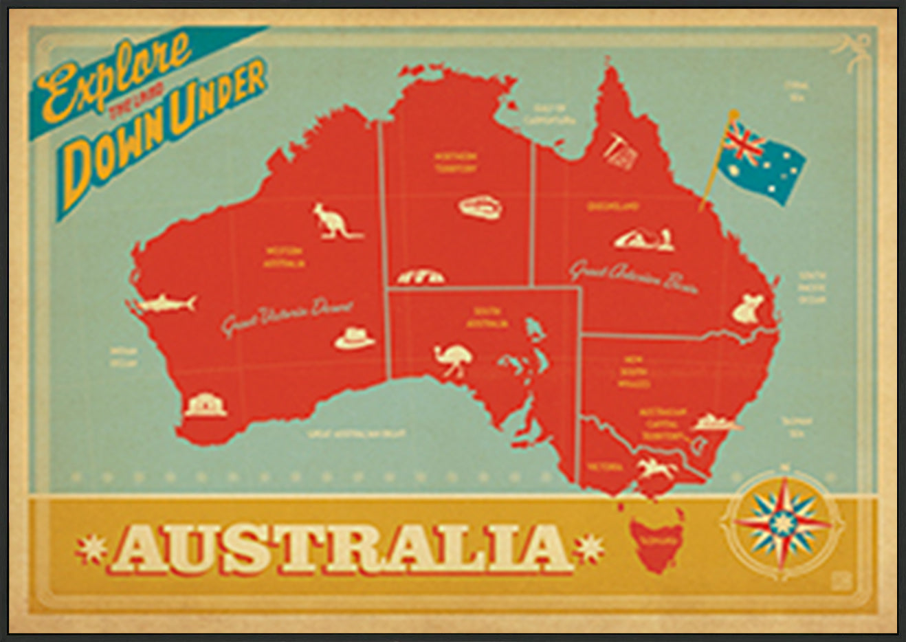 AL JOEAND 116755 VINTAGE ADVERTISING AUSTRALIA MAP EXPLORE DOWN UNDER - ArtFramed