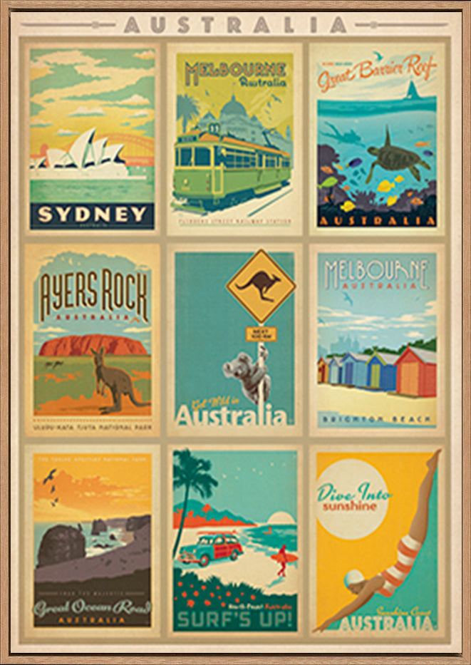 AL JOEAND 116754 VINTAGE ADVERTISING AUSTRALIA MONTAGE SYDNEY MELBOURNE GREAT BARRIER REEF - ArtFramed