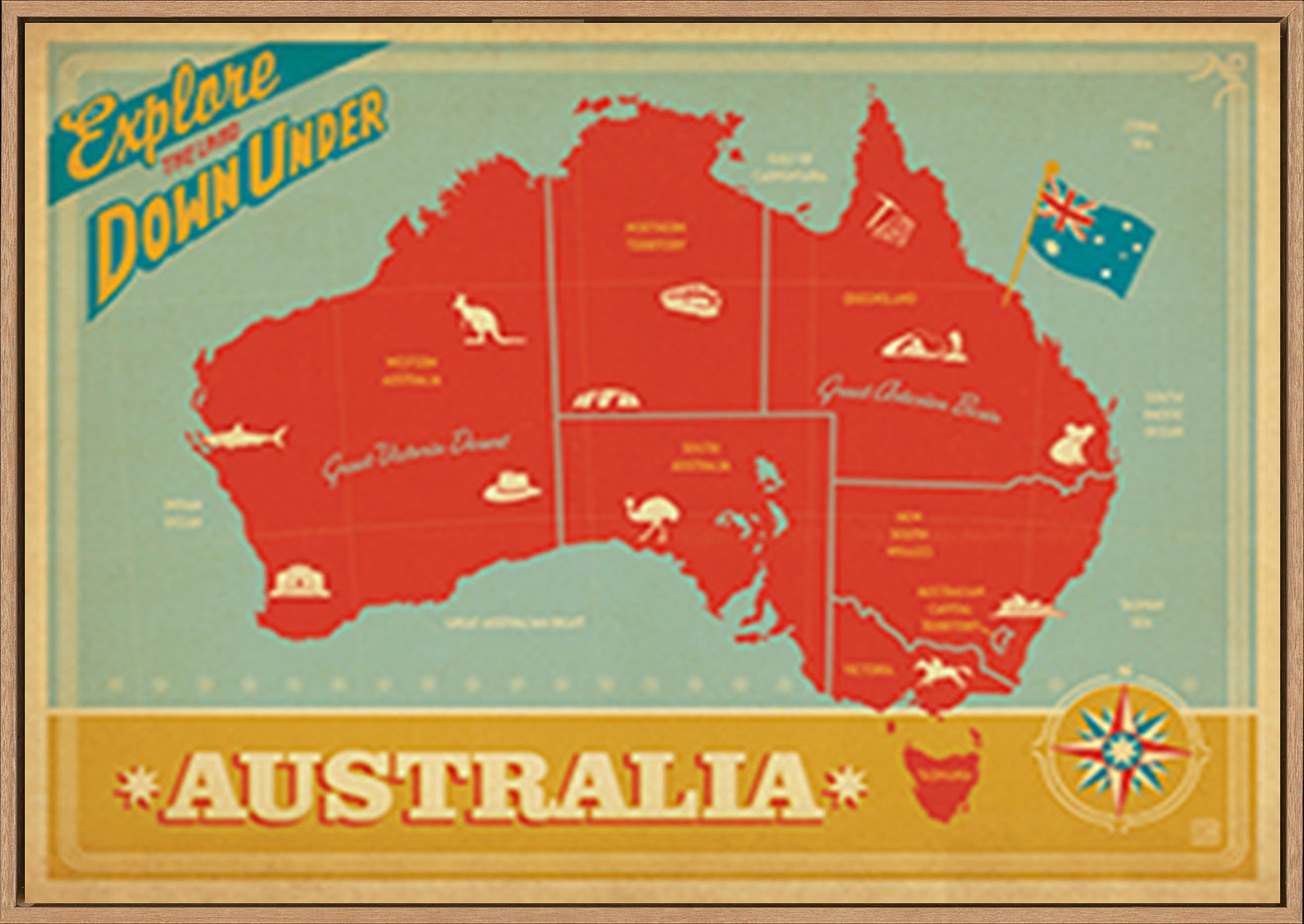 AL JOEAND 116755 VINTAGE ADVERTISING AUSTRALIA MAP EXPLORE DOWN UNDER - ArtFramed