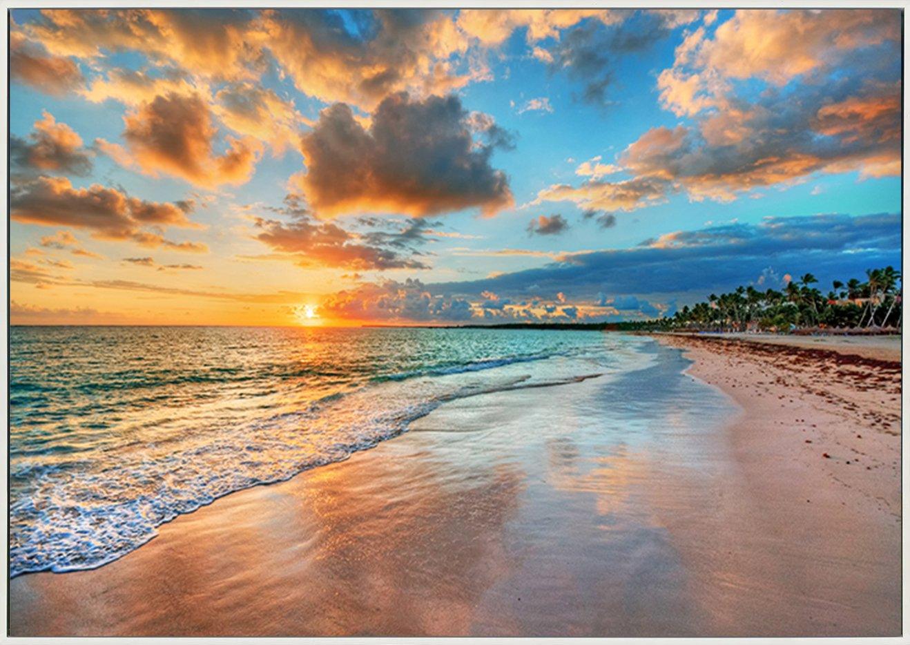 87306701 Bright and dynamic sea beach sunrise with bright blue skies and colorful clouds copy - ArtFramed