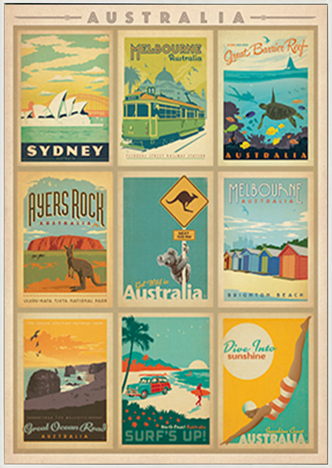 AL JOEAND 116754 VINTAGE ADVERTISING AUSTRALIA MONTAGE SYDNEY MELBOURNE GREAT BARRIER REEF - ArtFramed