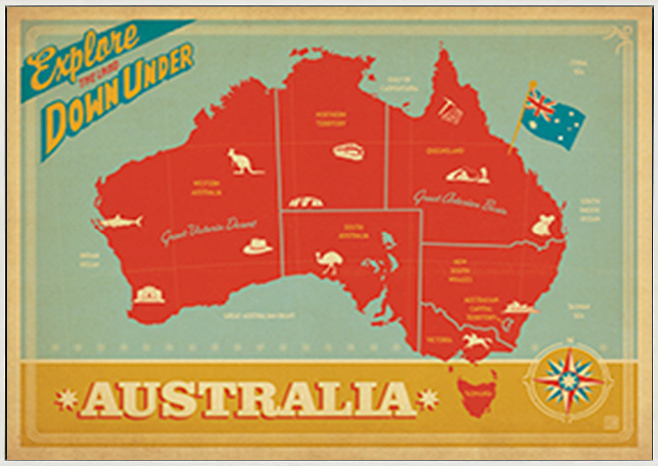 AL JOEAND 116755 VINTAGE ADVERTISING AUSTRALIA MAP EXPLORE DOWN UNDER - ArtFramed