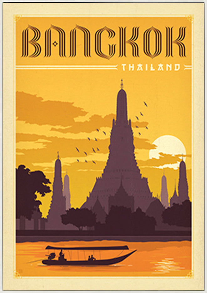 AL JOEAND 116792 VINTAGE ADVERTISING BANGKOK THAILAND TEMPLE RIVER BOAT - ArtFramed