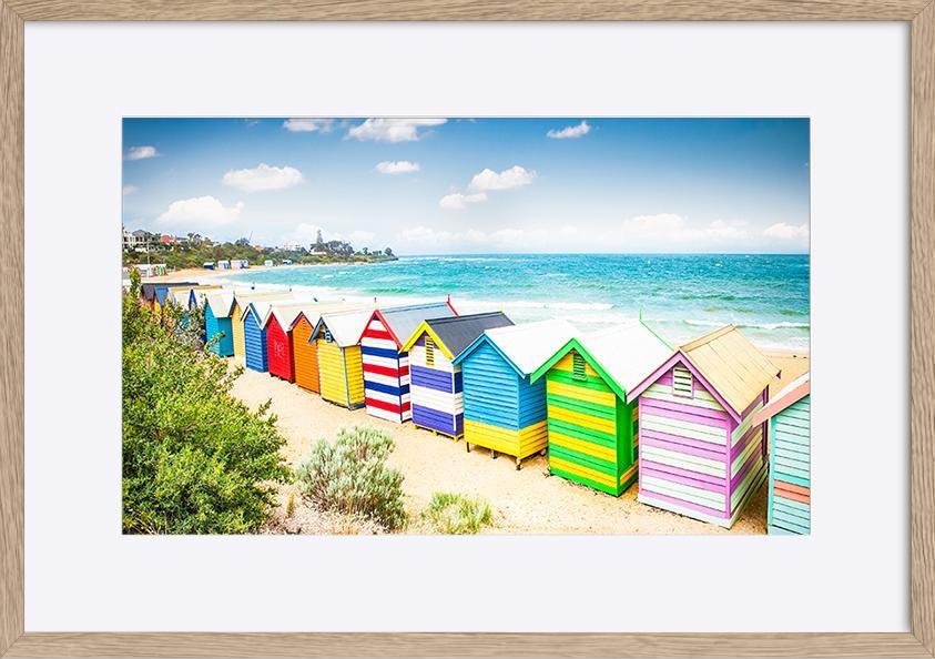 82309313 Beautiful Bathing boxes houses on white sandy beach at Brighton beach in Melbourne Australia copy - ArtFramed