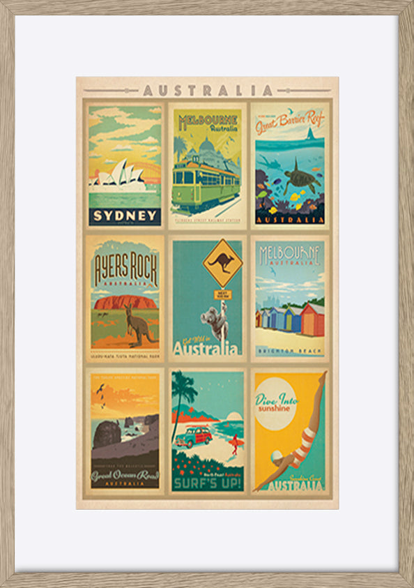 AL JOEAND 116754 VINTAGE ADVERTISING AUSTRALIA MONTAGE SYDNEY MELBOURNE GREAT BARRIER REEF - ArtFramed