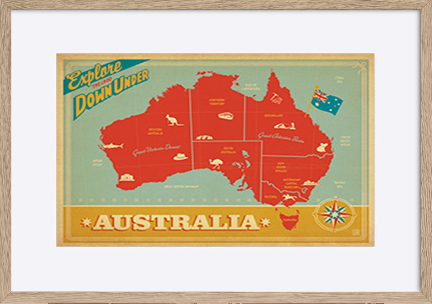 AL JOEAND 116755 VINTAGE ADVERTISING AUSTRALIA MAP EXPLORE DOWN UNDER - ArtFramed