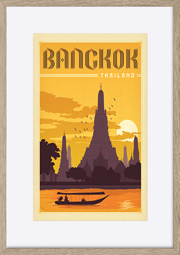 AL JOEAND 116792 VINTAGE ADVERTISING BANGKOK THAILAND TEMPLE RIVER BOAT - ArtFramed