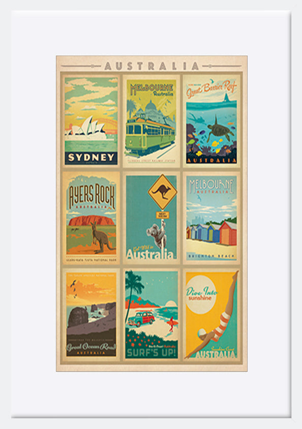 AL JOEAND 116754 VINTAGE ADVERTISING AUSTRALIA MONTAGE SYDNEY MELBOURNE GREAT BARRIER REEF - ArtFramed