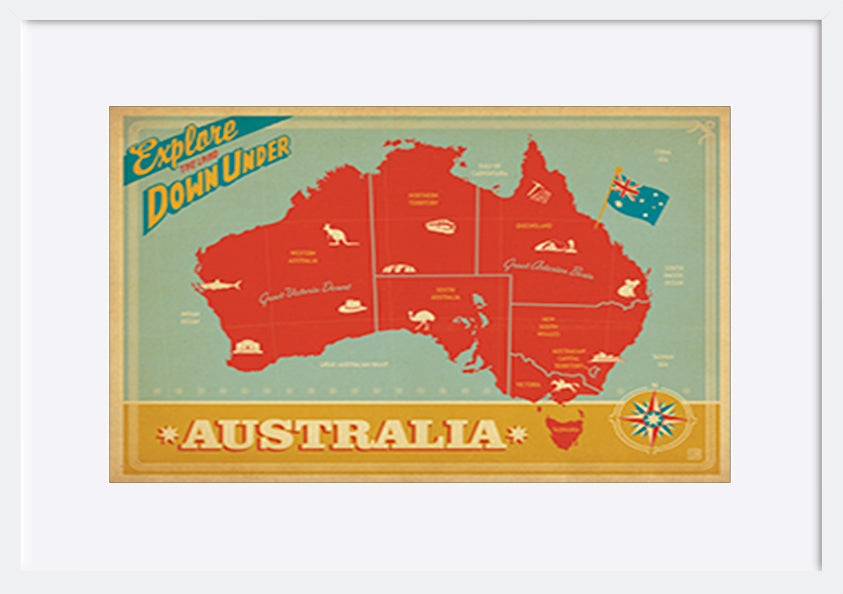 AL JOEAND 116755 VINTAGE ADVERTISING AUSTRALIA MAP EXPLORE DOWN UNDER - ArtFramed