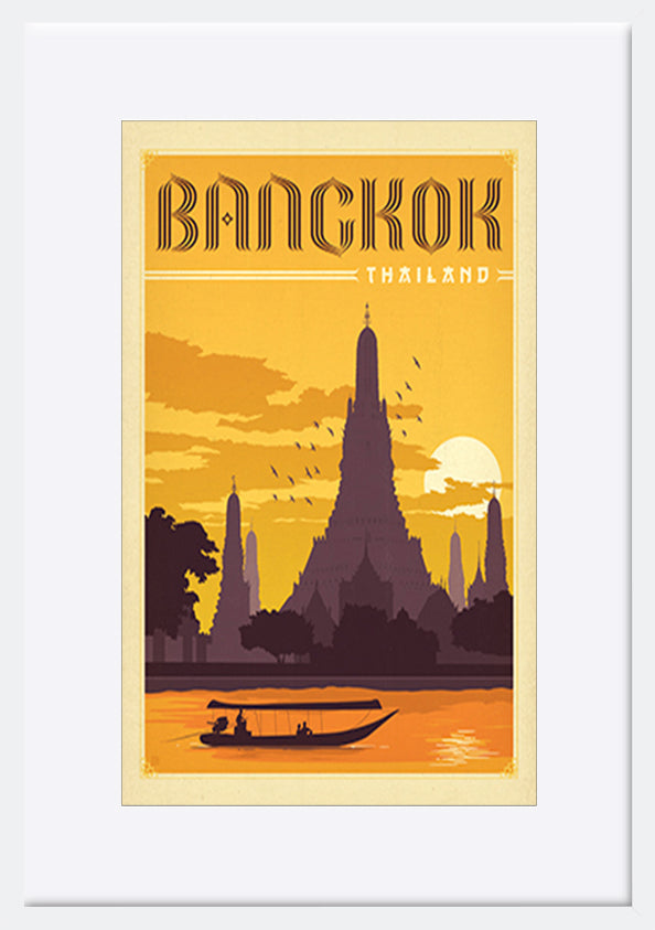 AL JOEAND 116792 VINTAGE ADVERTISING BANGKOK THAILAND TEMPLE RIVER BOAT - ArtFramed